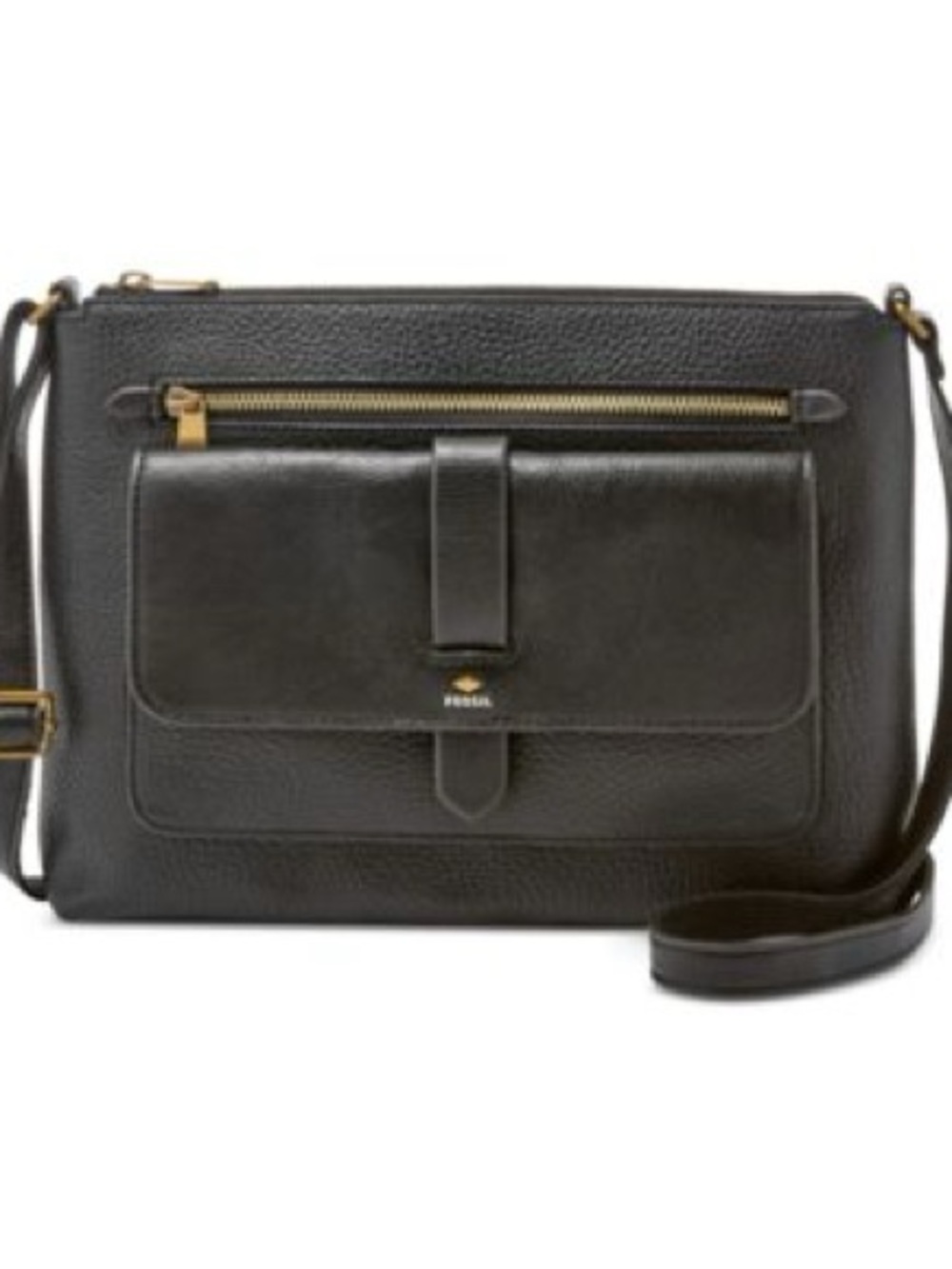 Fossil Black Leather Messenger with Gold Hardware